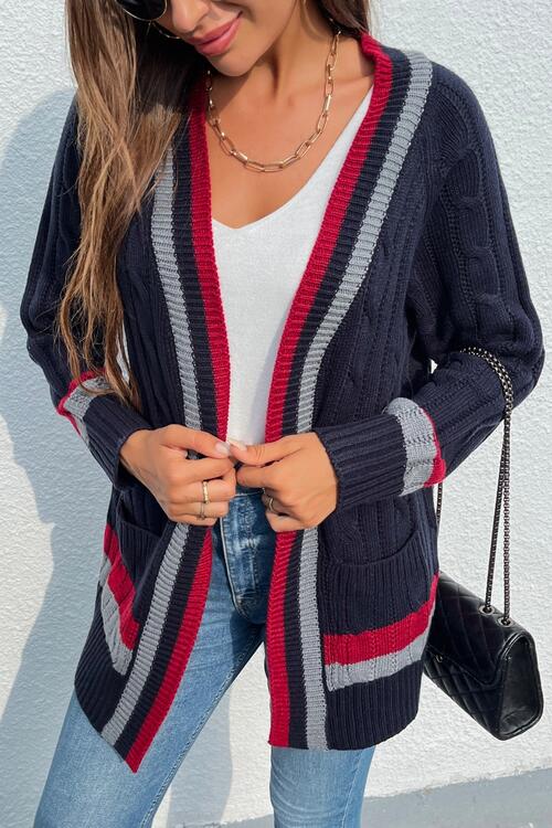 Charming Trends Dark Navy Open Front Striped Long Sleeve Cardigan