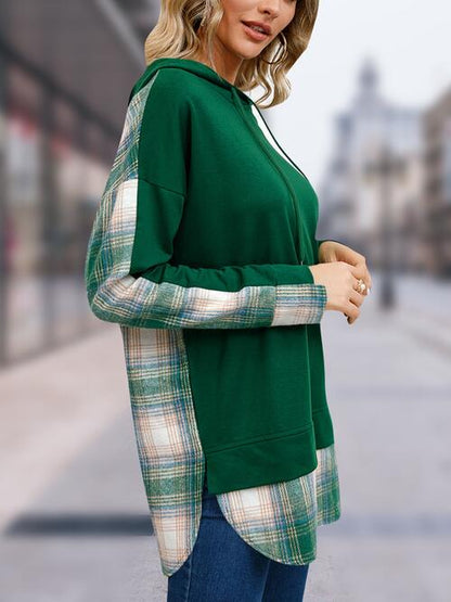 Jaylynn Plaid Drawstring Long Sleeve Slit Hoodie