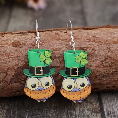 St. Patricks Owl Acrylic Dangle Earrings