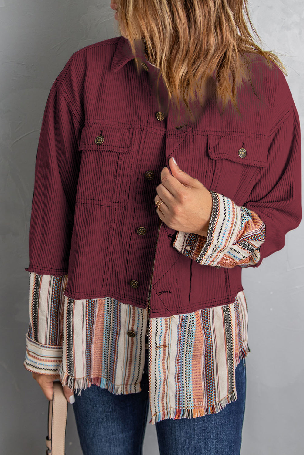 Full Size Striped Frayed Hem Corduroy Jacket