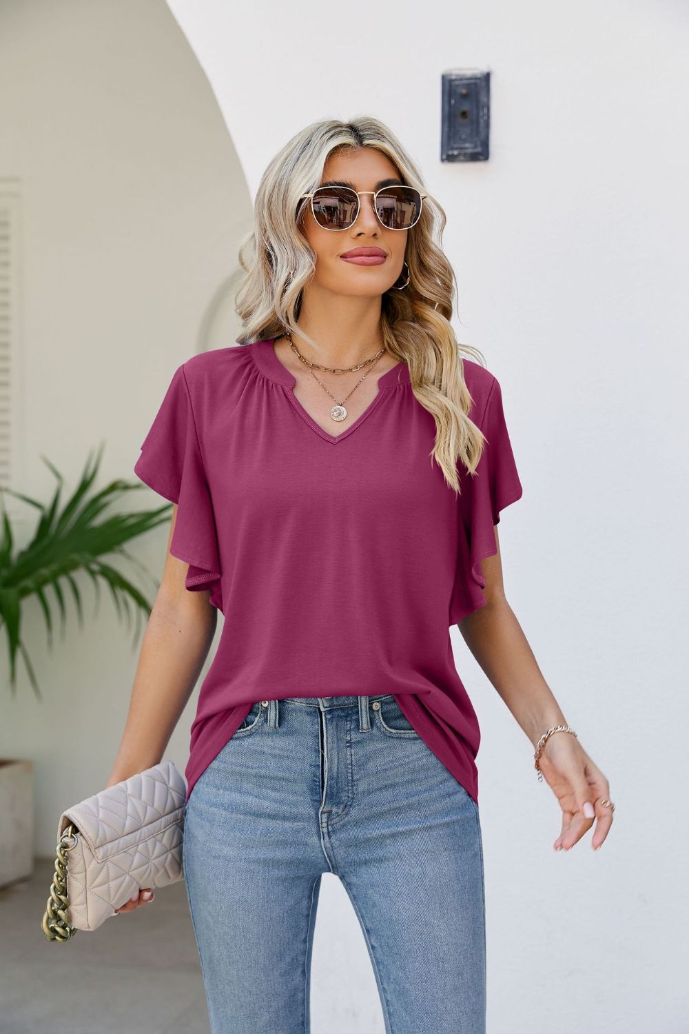 Women's JAYLEEN Full Size Notched Neck Flutter Sleeve Tee