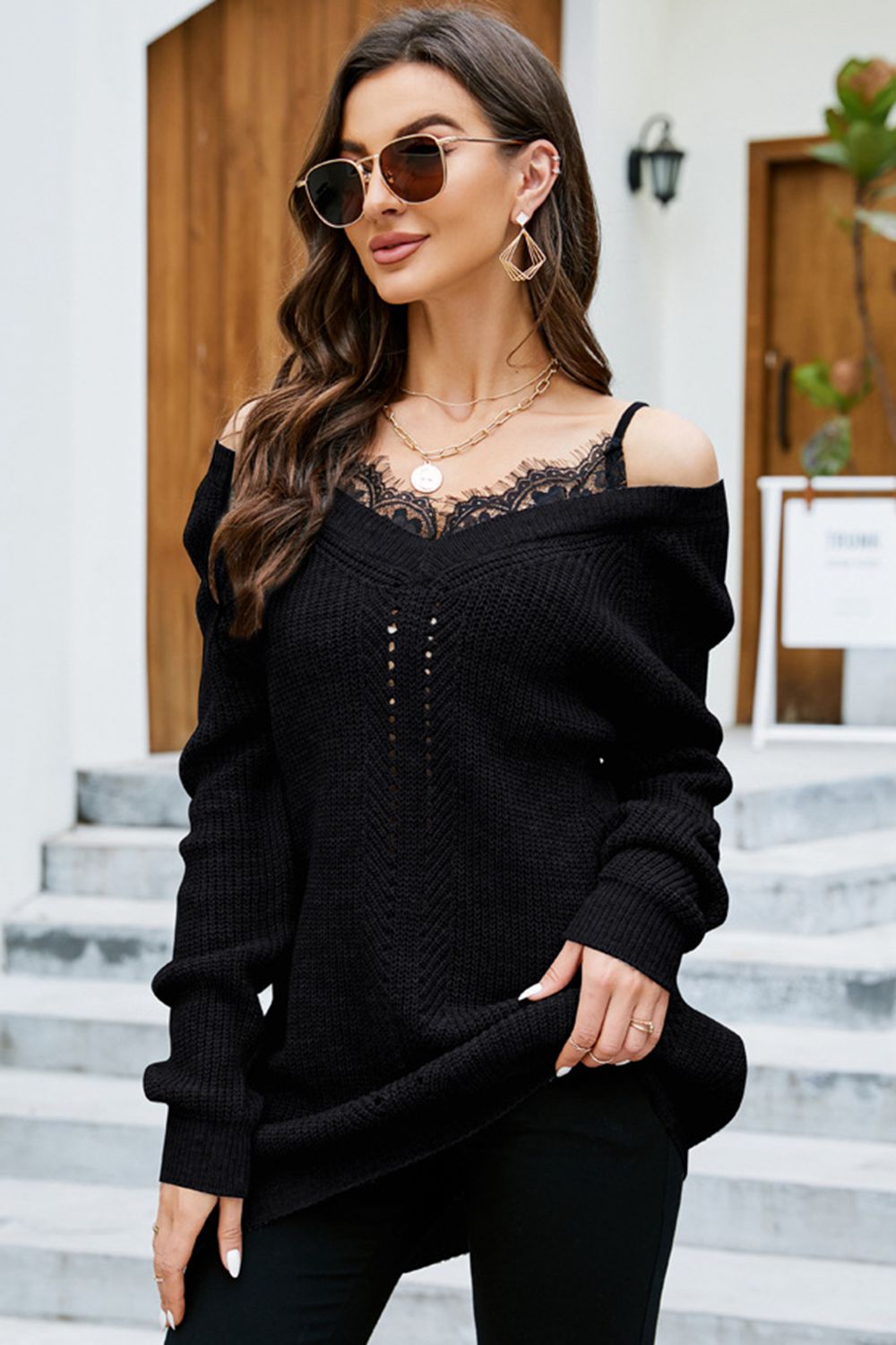 ZELDAlea Openwork V-Neck Long Sleeve Sweater