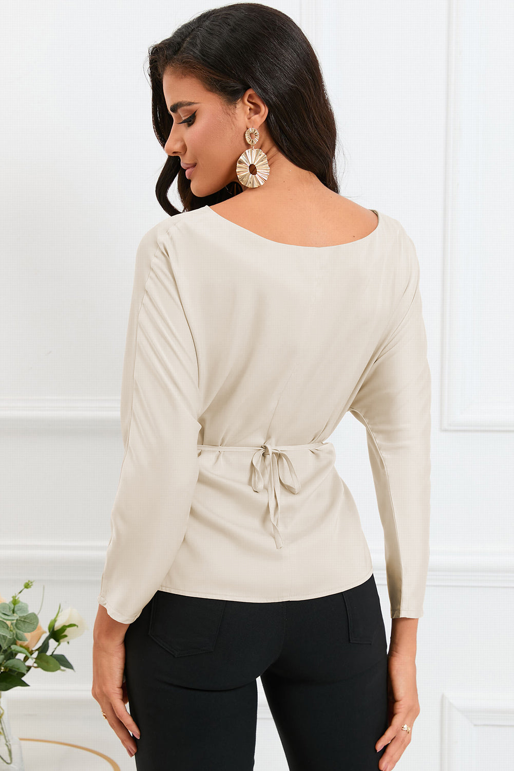 Full Size Boat Neck Back Tie Long Sleeve Satin Blouse