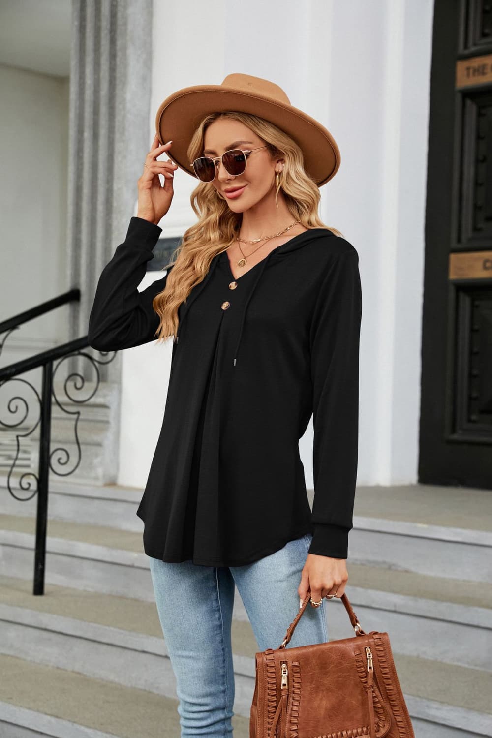 Full Size Long Sleeve Hooded Blouse