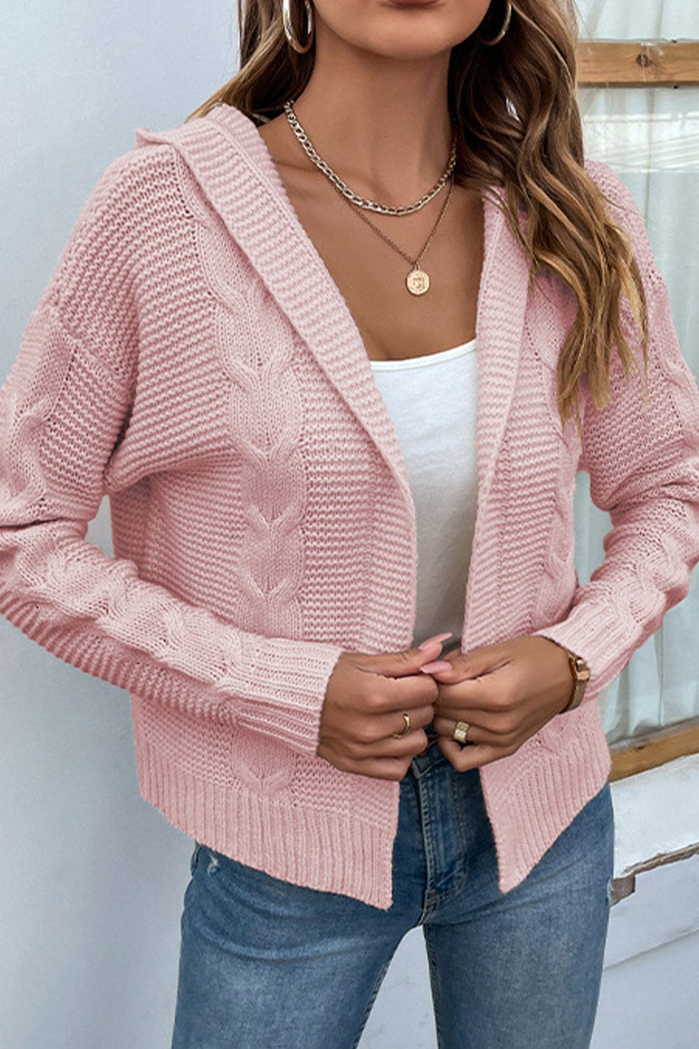 LakenLea Cable-Knit Dropped Shoulder Hooded Cardigan