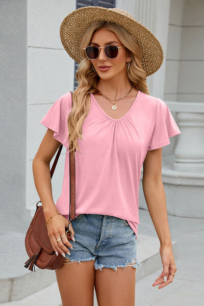 V-Neck Flutter Sleeve T-Shirt