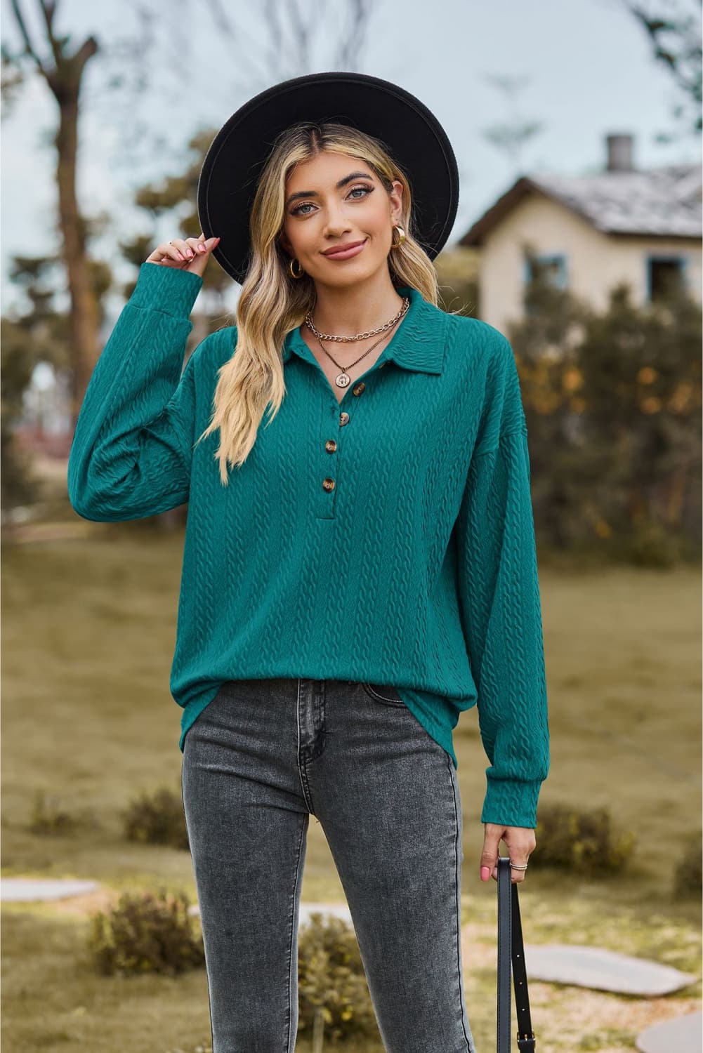 Full Size Collared Neck Long Sleeve Blouse