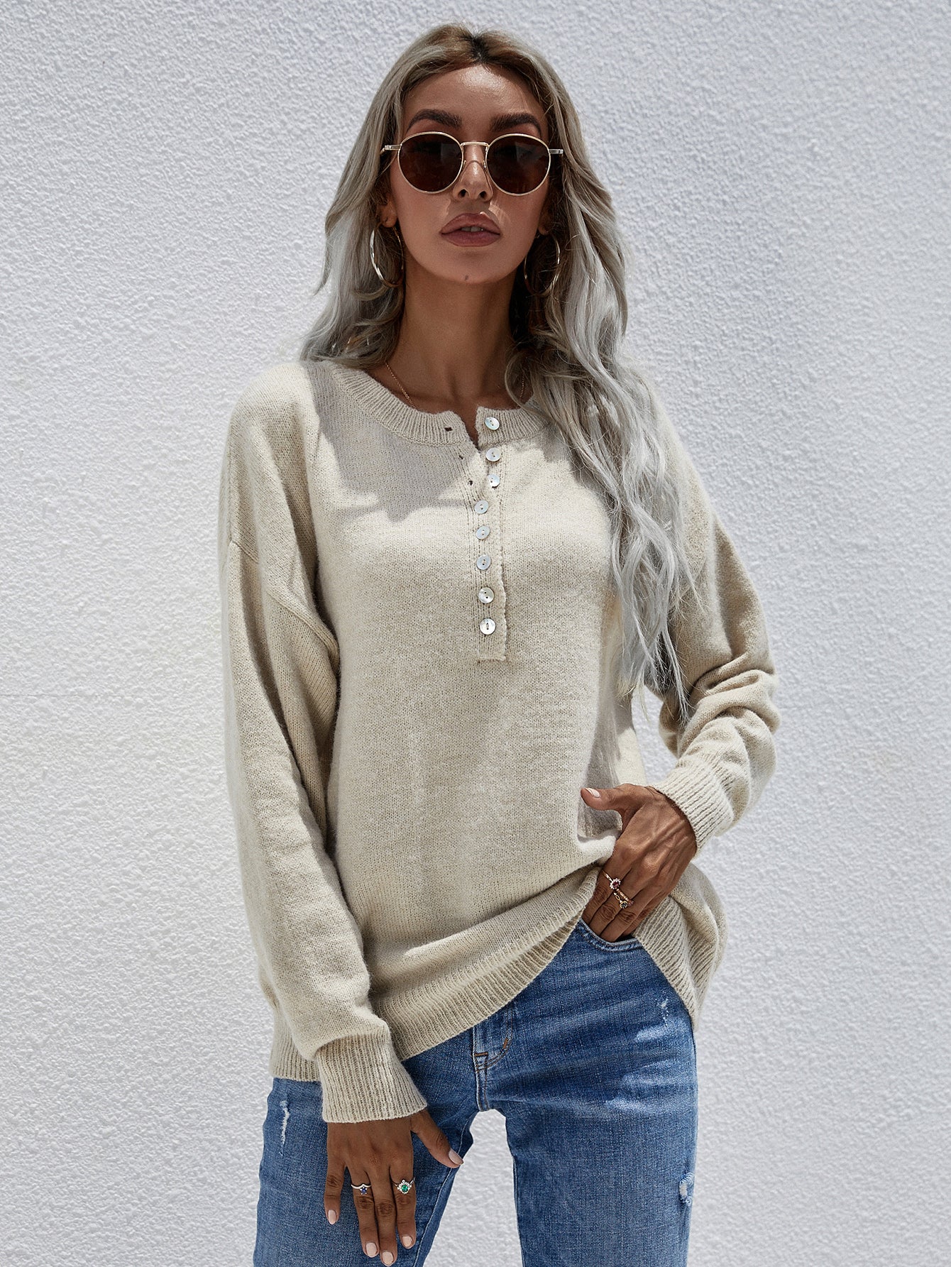 Women's Half Button Long Sleeve Henley Sweater