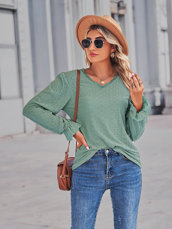 Full Size Eyelet V-Neck Flounce Sleeve Blouse