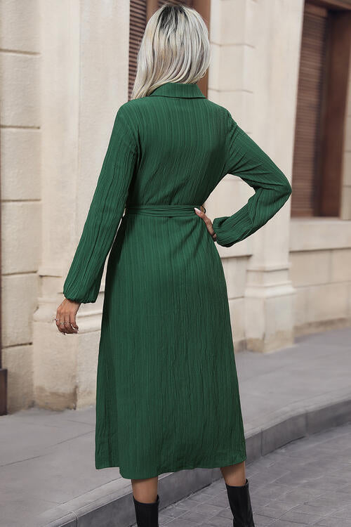 OhSoMidi Green Texture Tied Collared Neck Button Front Dress