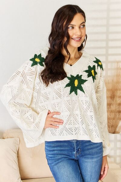 POL Cream Floral Embroidered Pattern V-Neck Sweater