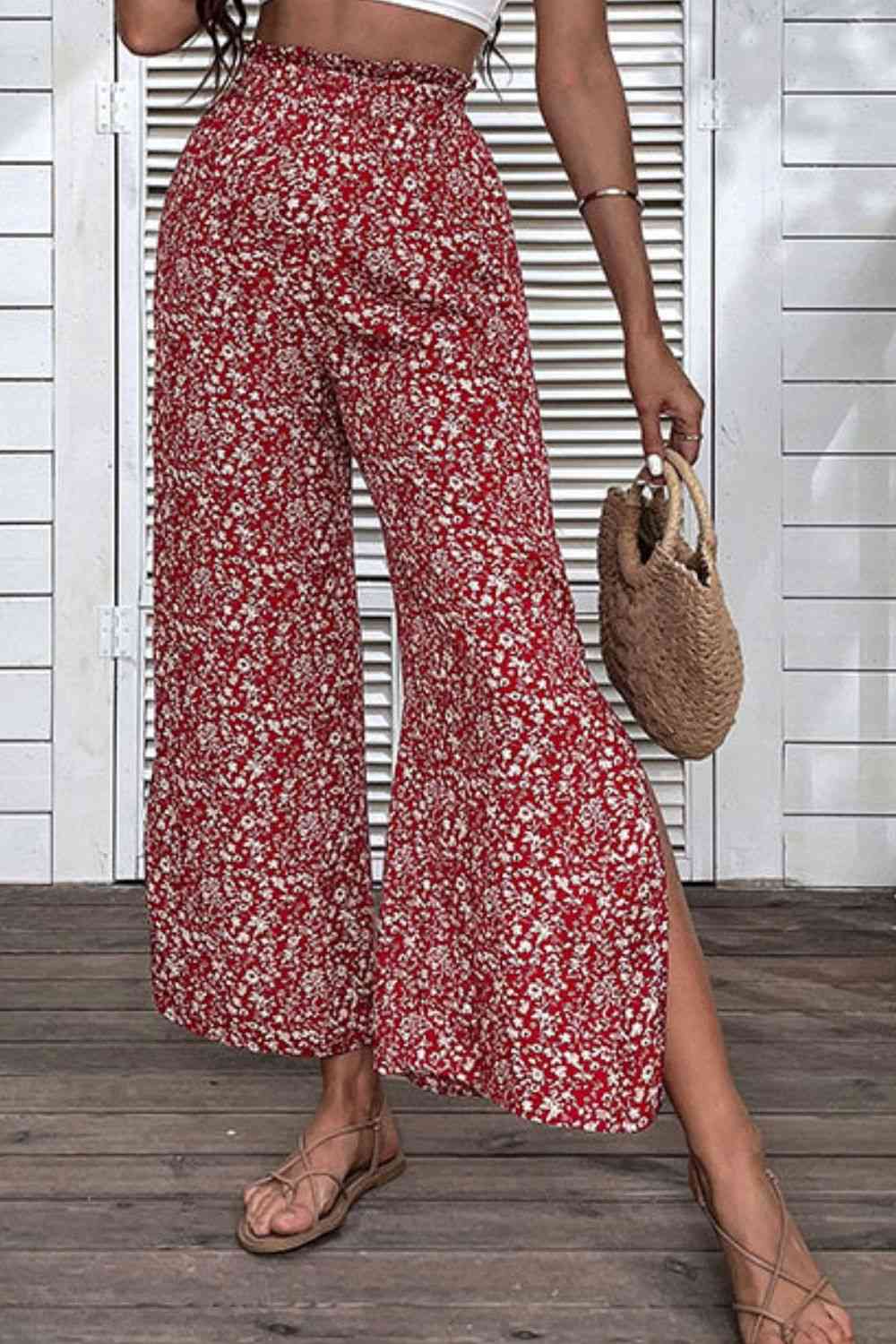 SeaKnickers Ditsy Floral Slit Paperbag Waist Red Wide Leg Pants