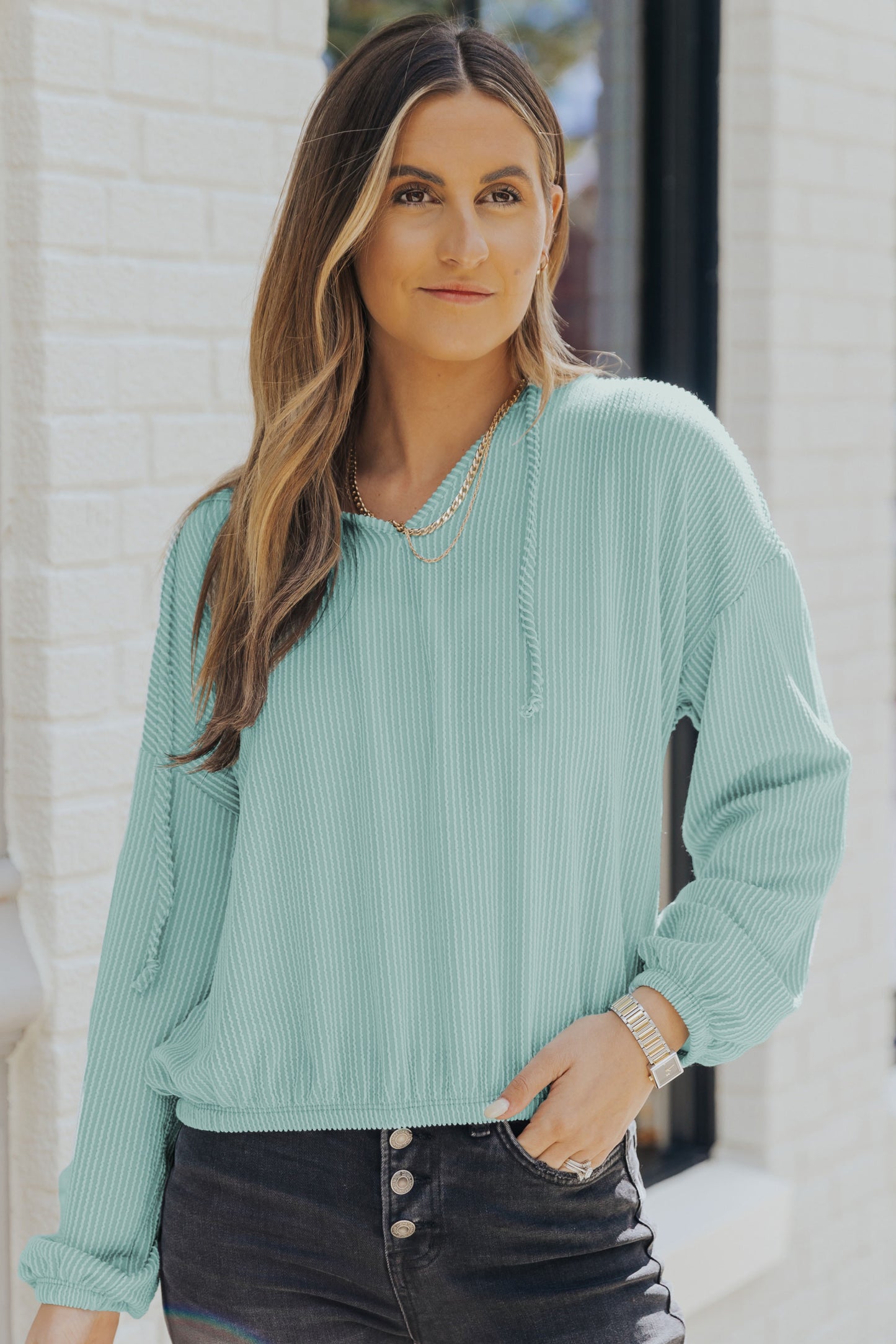 Full Size Mint Green Ribbed Drop Shoulder Hoodie