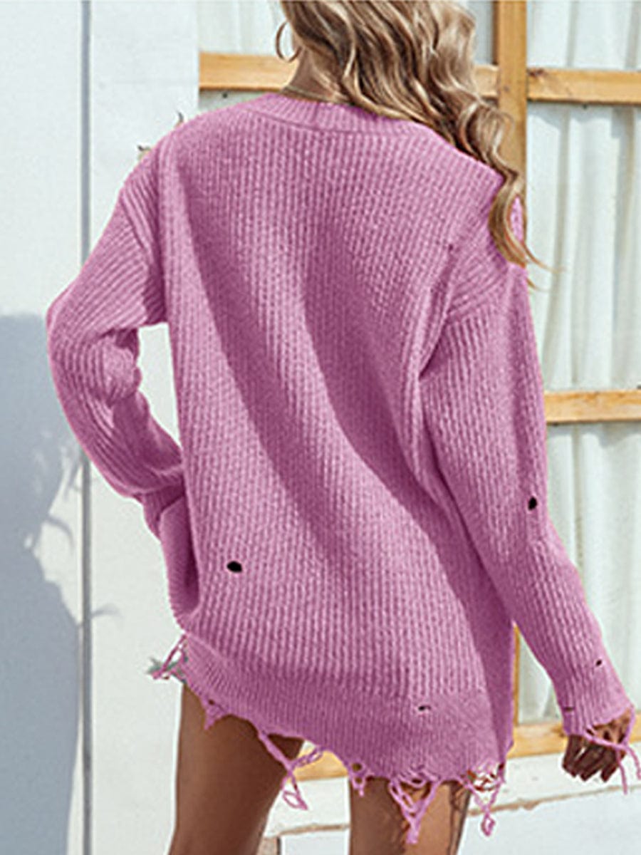 Lilac or Navy Distressed V-Neck Drop Shoulder Sweater