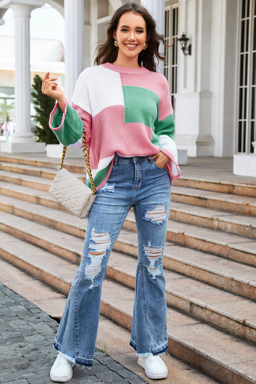 Pretty Mix Round Neck Color Block Dropped Shoulder Sweater 🦋