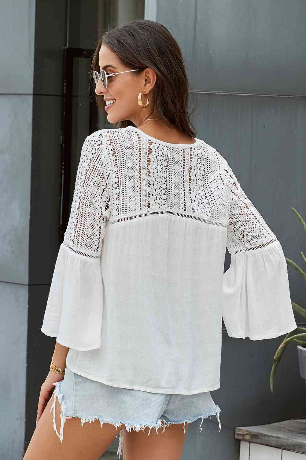 FULL SIZE Flare Sleeve Spliced Lace V-Neck Shirt