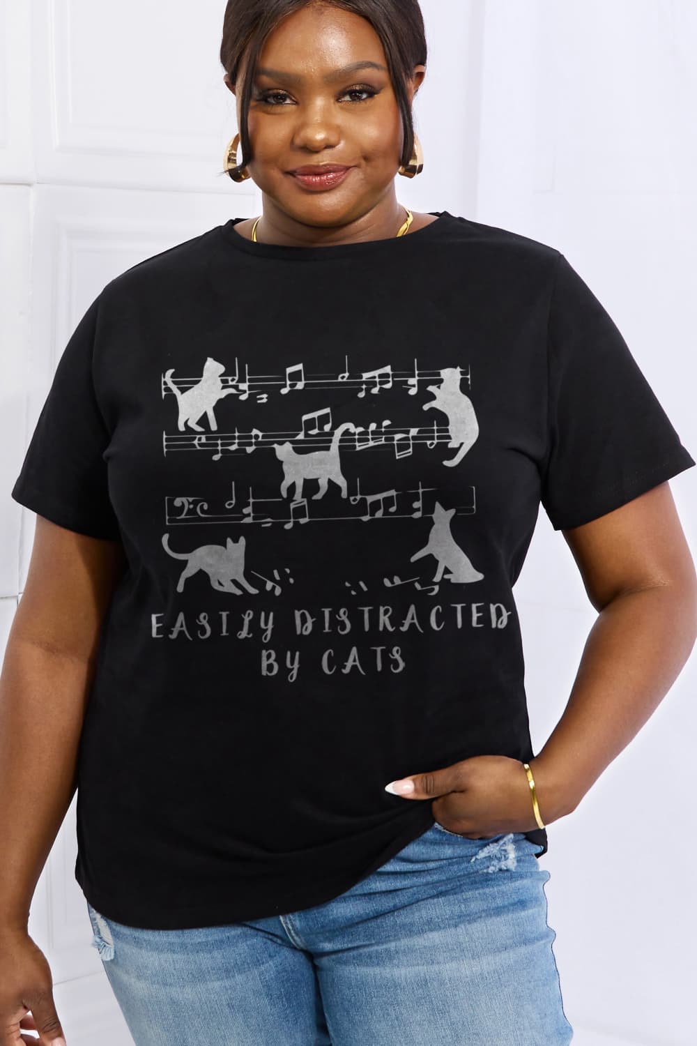Simply Love Full Size Halloween EASILY DISTRACTED BY CATS Graphic Cotton Tee
