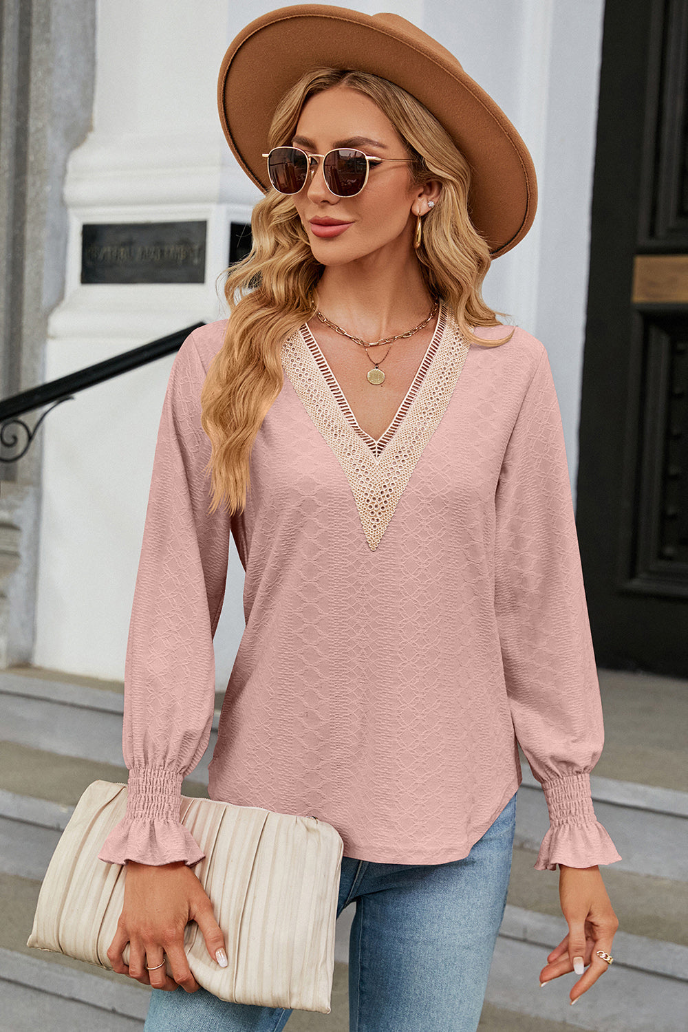 V-Neck Flounce Sleeve T-Shirt