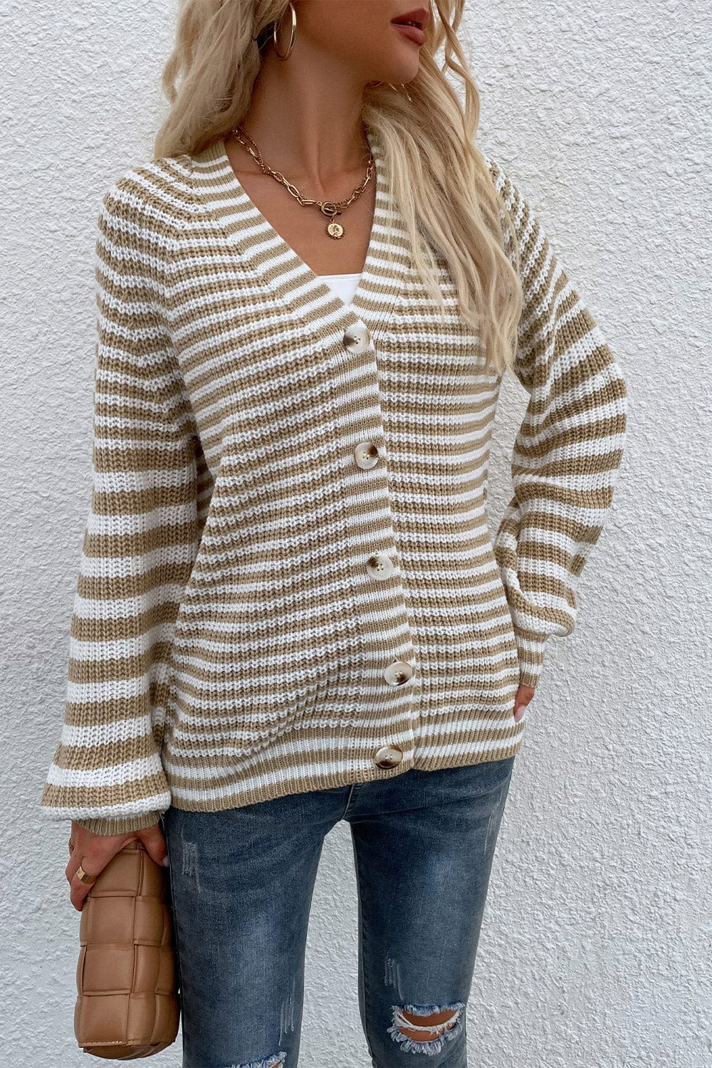 LakenLea Striped V-Neck Button-Down Cardigan