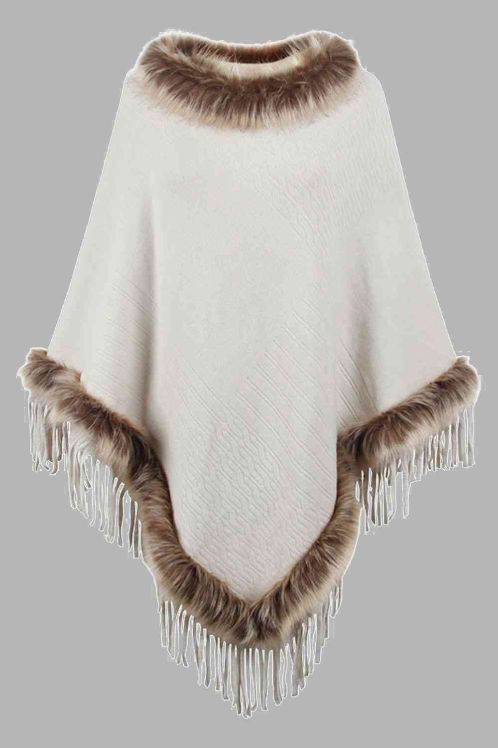 Country Rustic One Size Faux Fur Trim Fringed Poncho