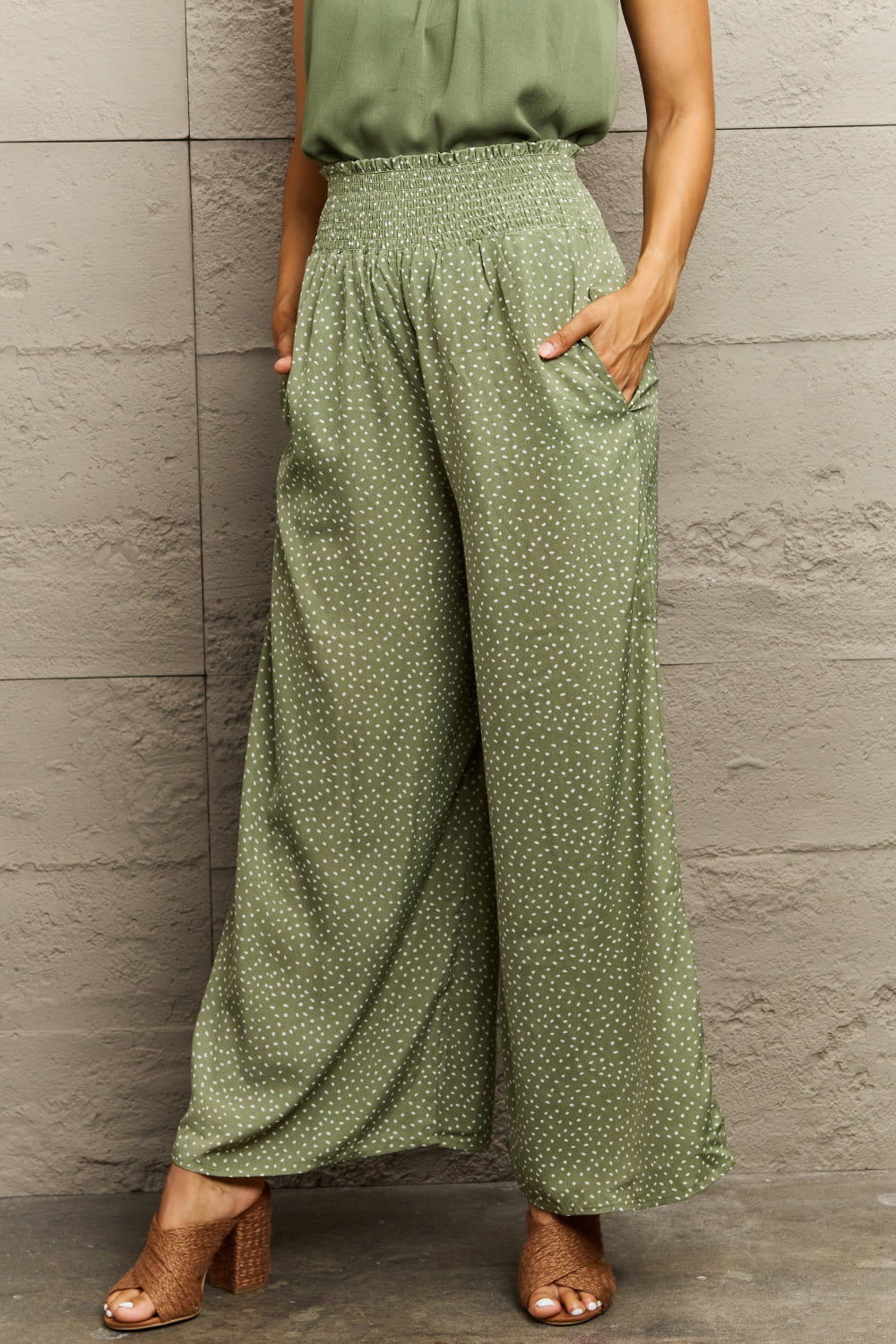 Matcha Green Smocked Waist Wide Leg Printed Long Pants