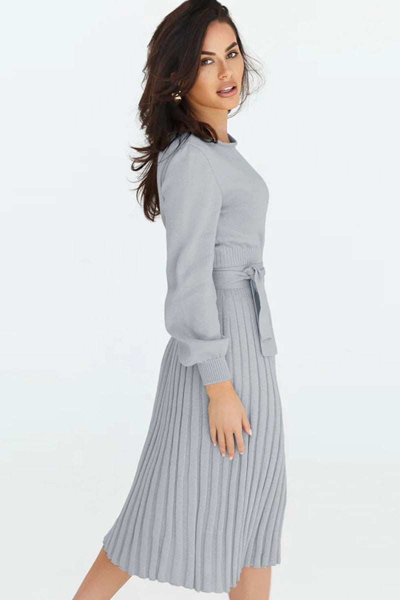 Full Size Round Neck Long Sleeve Pleated Sweater Dress