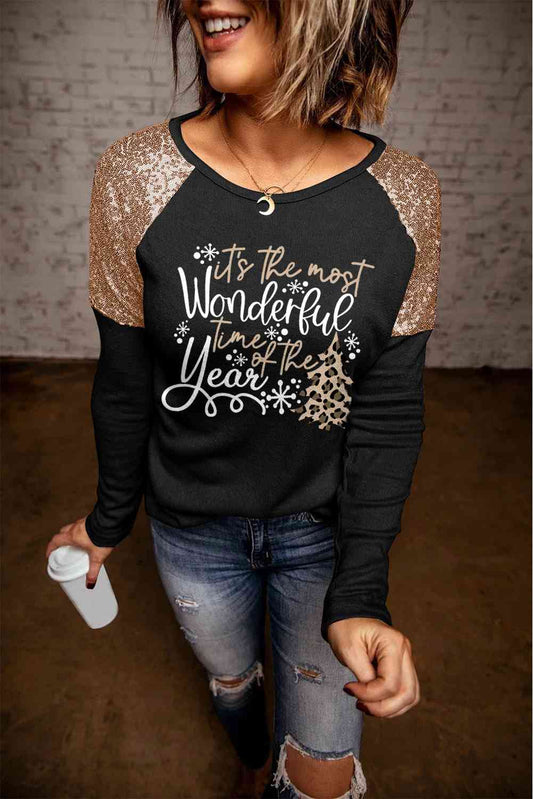 Full Size Wonderful Time of the Year Sequin Slogan Christmas Graphic T-Shirt
