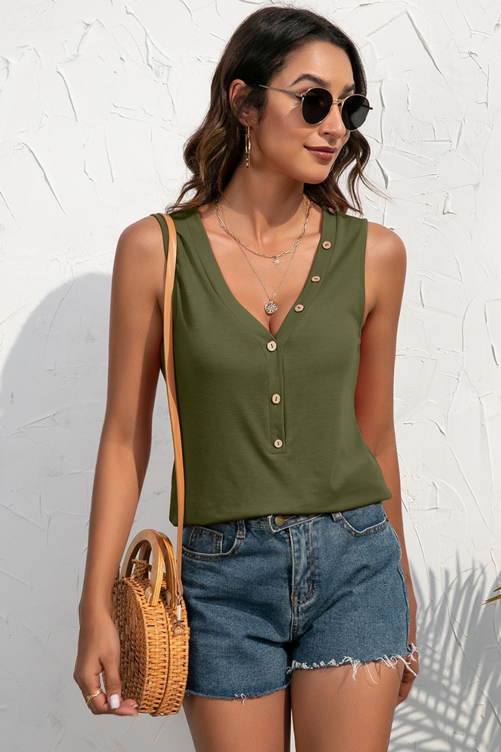 Women's Buttoned Deep V Tank