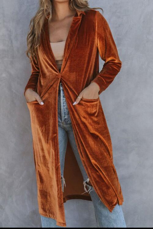 Caramel Brown Collared Neck Longline Velvet Cardigan with Pockets