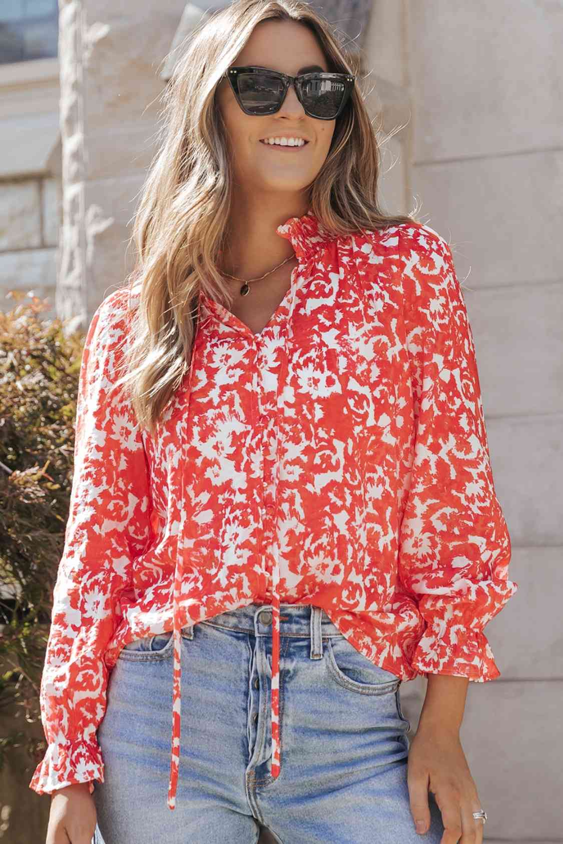 Deep Red Printed Tie Neck Flounce Sleeve Blouse