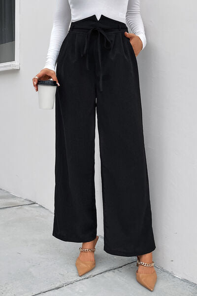 High Waist Ruched Tie Front Wide Leg Pants