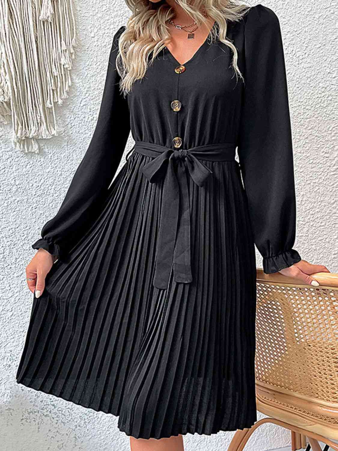 Decorative Button Belted Puff Sleeve Pleated Black Dress