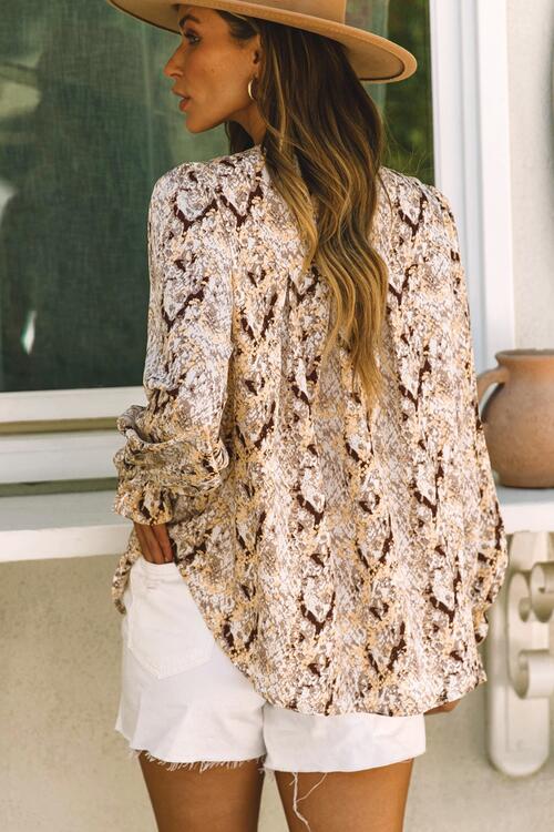 Aurora Lea Taupe Printed Round Neck Long Sleeve Blouse