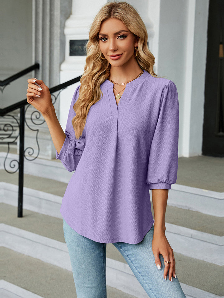 Full Size Notched Neck Three-Quarter Sleeve Blouse