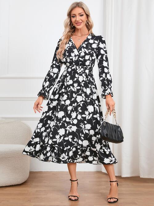 H.Y.G@E Attire Floral Surplice Flounce Sleeve Ruffle Hem Dress