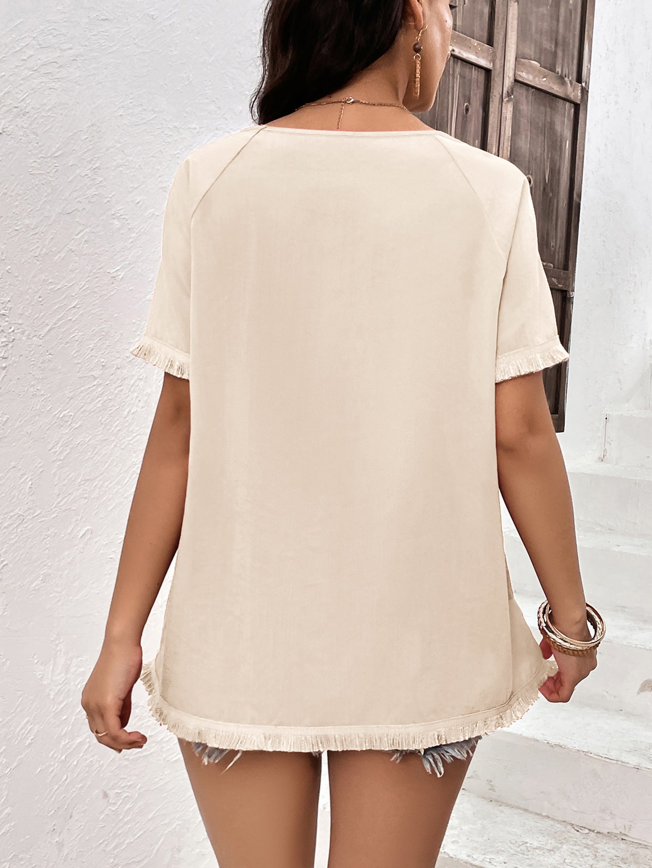 Women's Round Neck Raglan Sleeve Fringe Detail Top