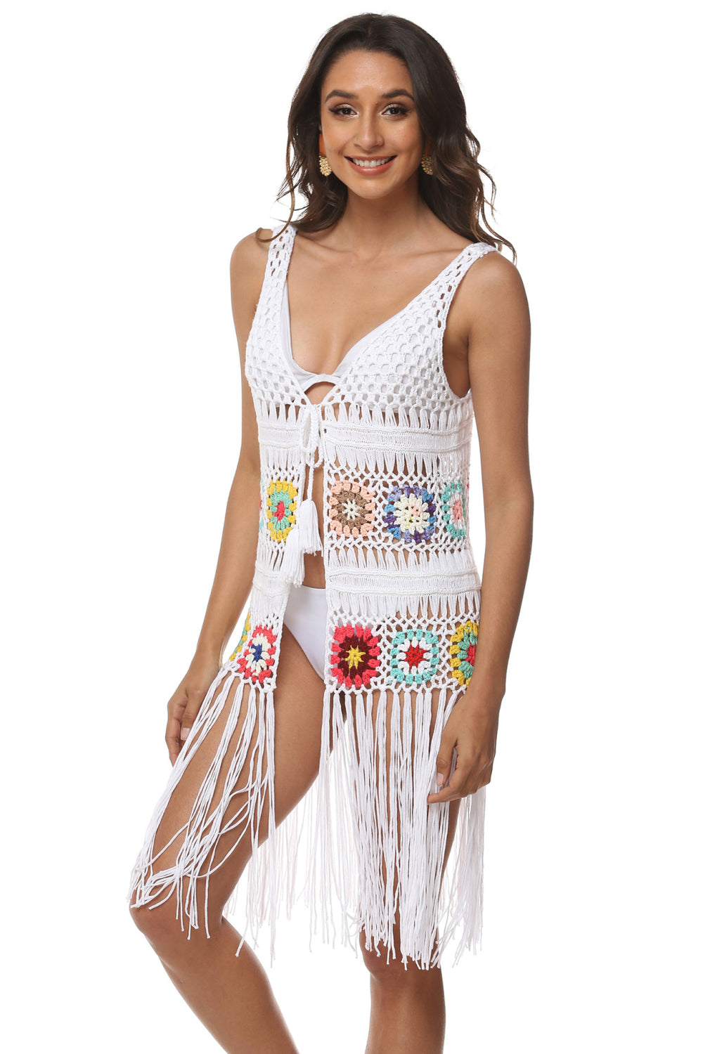 One Size Openwork Fringe Detail Embroidery Sleeveless Cover-Up