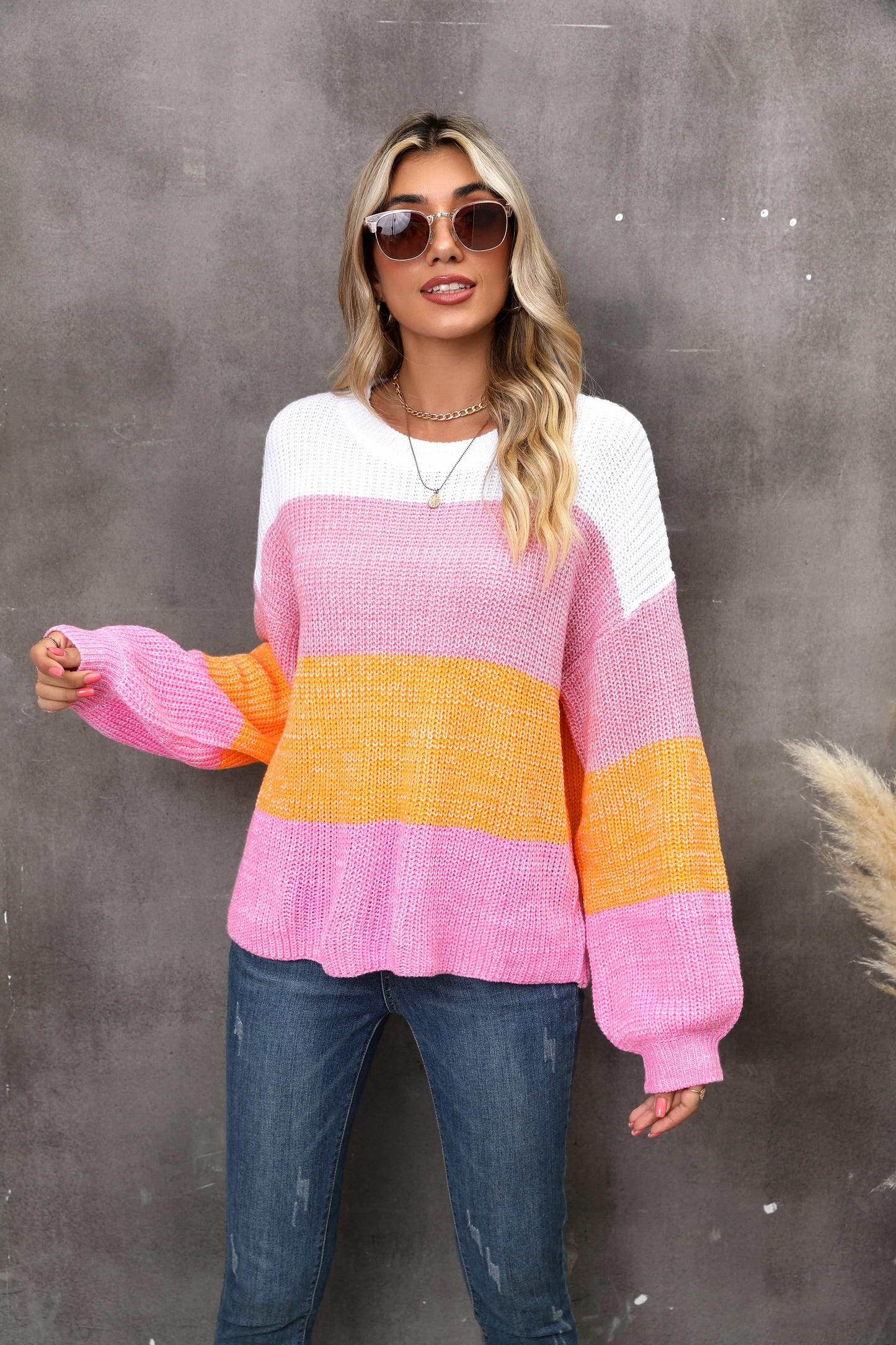 Hannah&Mea Color Block Round Neck Dropped Shoulder Sweater