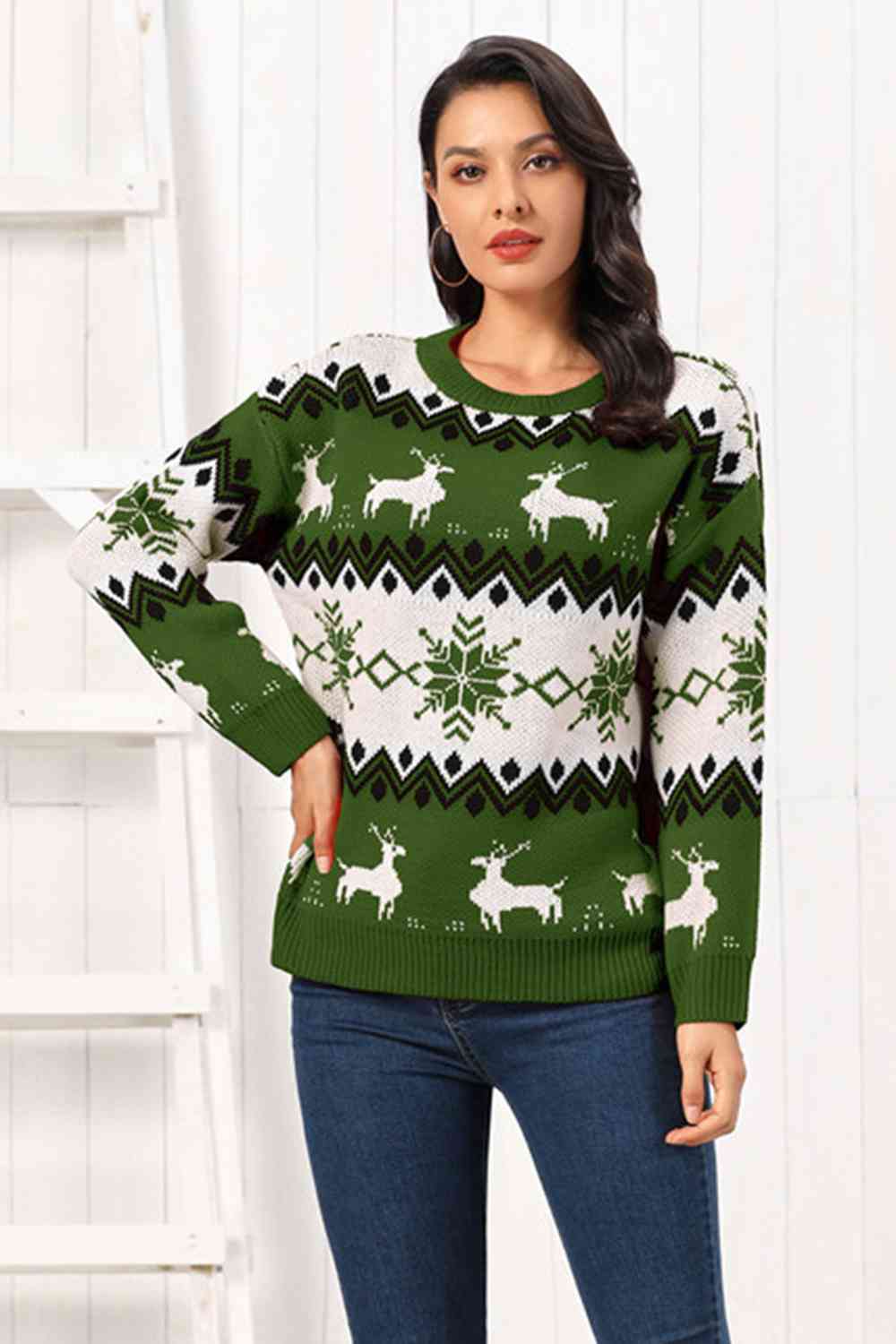 Christmas Reindeer Round Neck Sweater