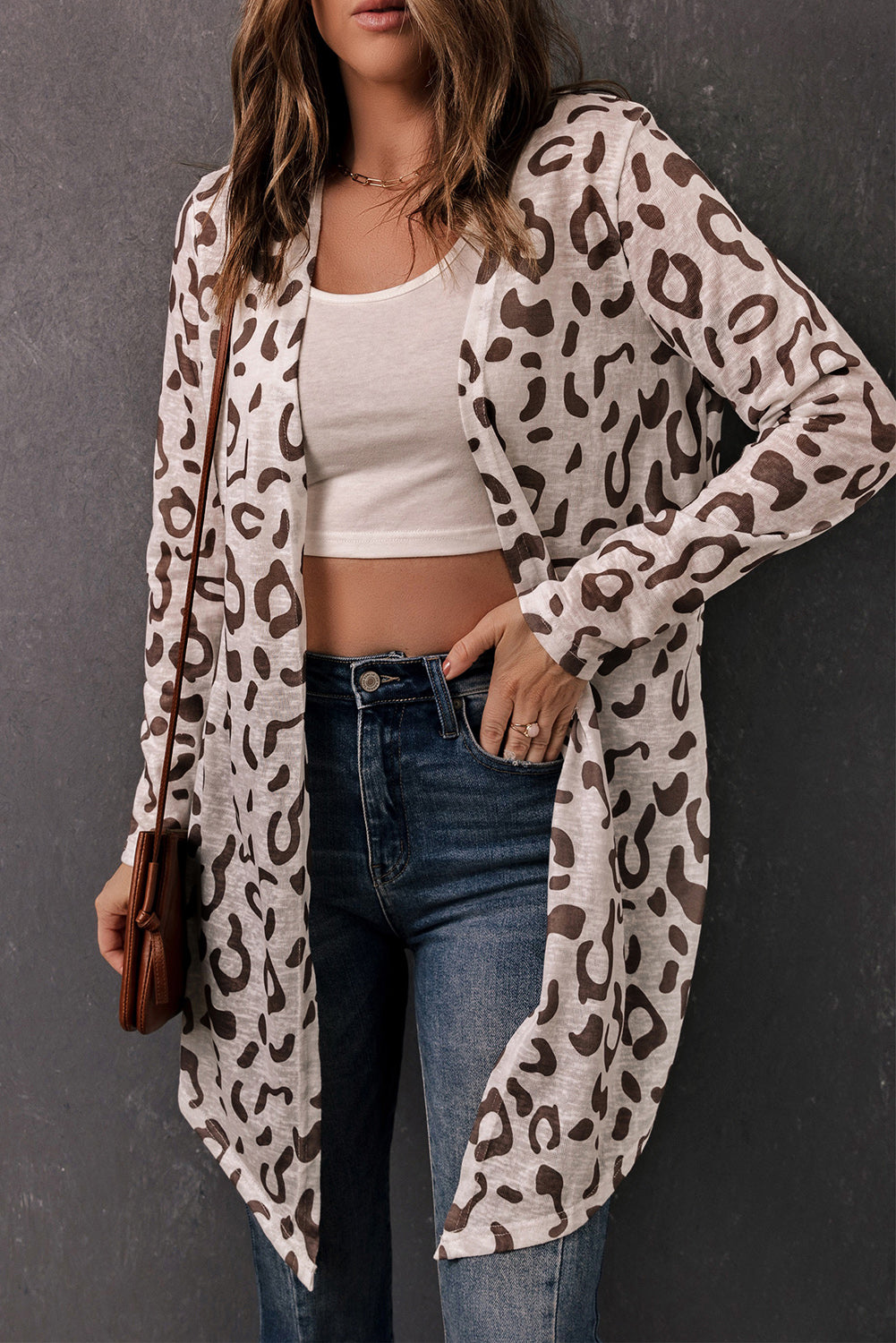 Women's Full Size Leopard Long-Sleeve Open Front Cardigan