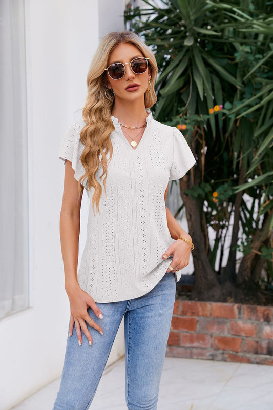 Women's Full Size Notched Neck Puff Sleeve Blouse