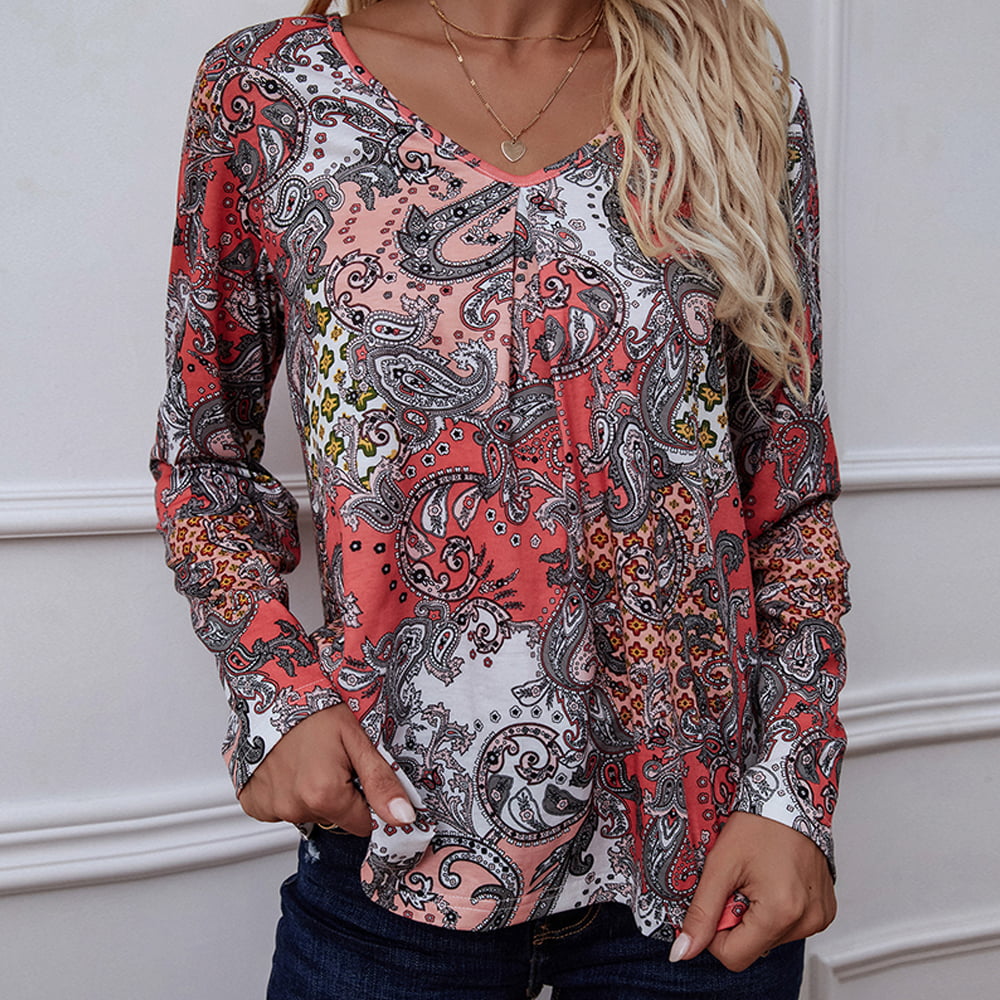 Full Size Printed V-Neck Long Sleeve Blouse