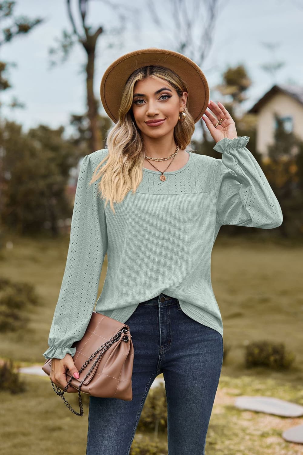 Full Size Round Neck Puff Sleeve Blouse