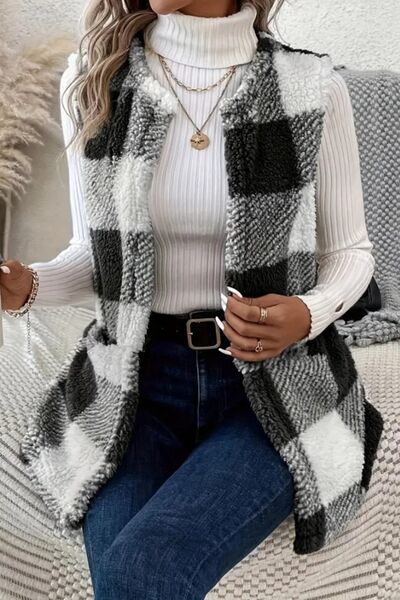 Shawnie Sherpa Plaid Open Front Vest Coat