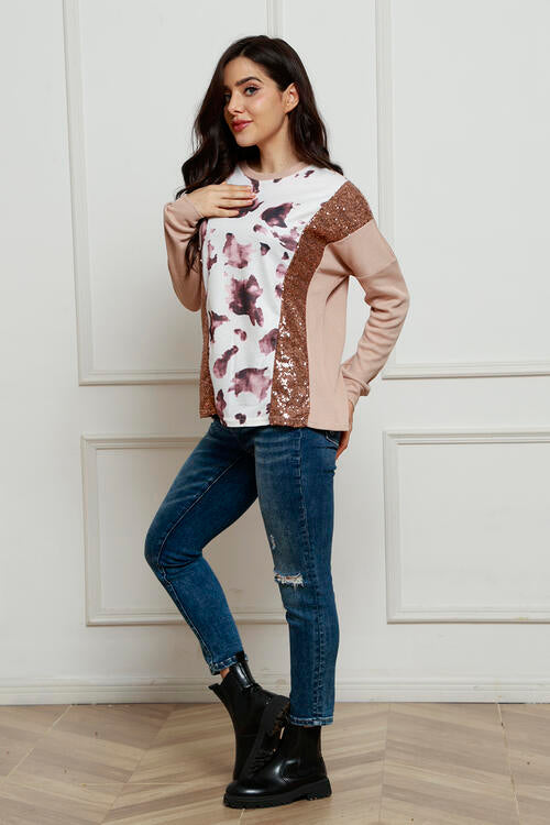 Sequin Animal Print Round Neck Khaki Sweatshirt