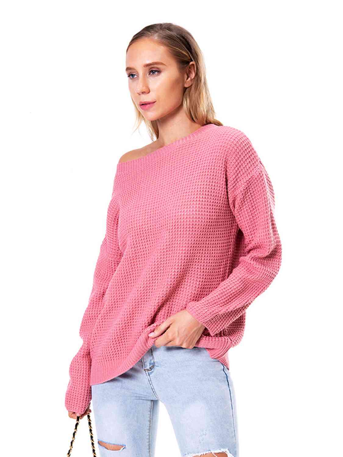 Boat Neck Drop Shoulder Long Sleeve Sweater