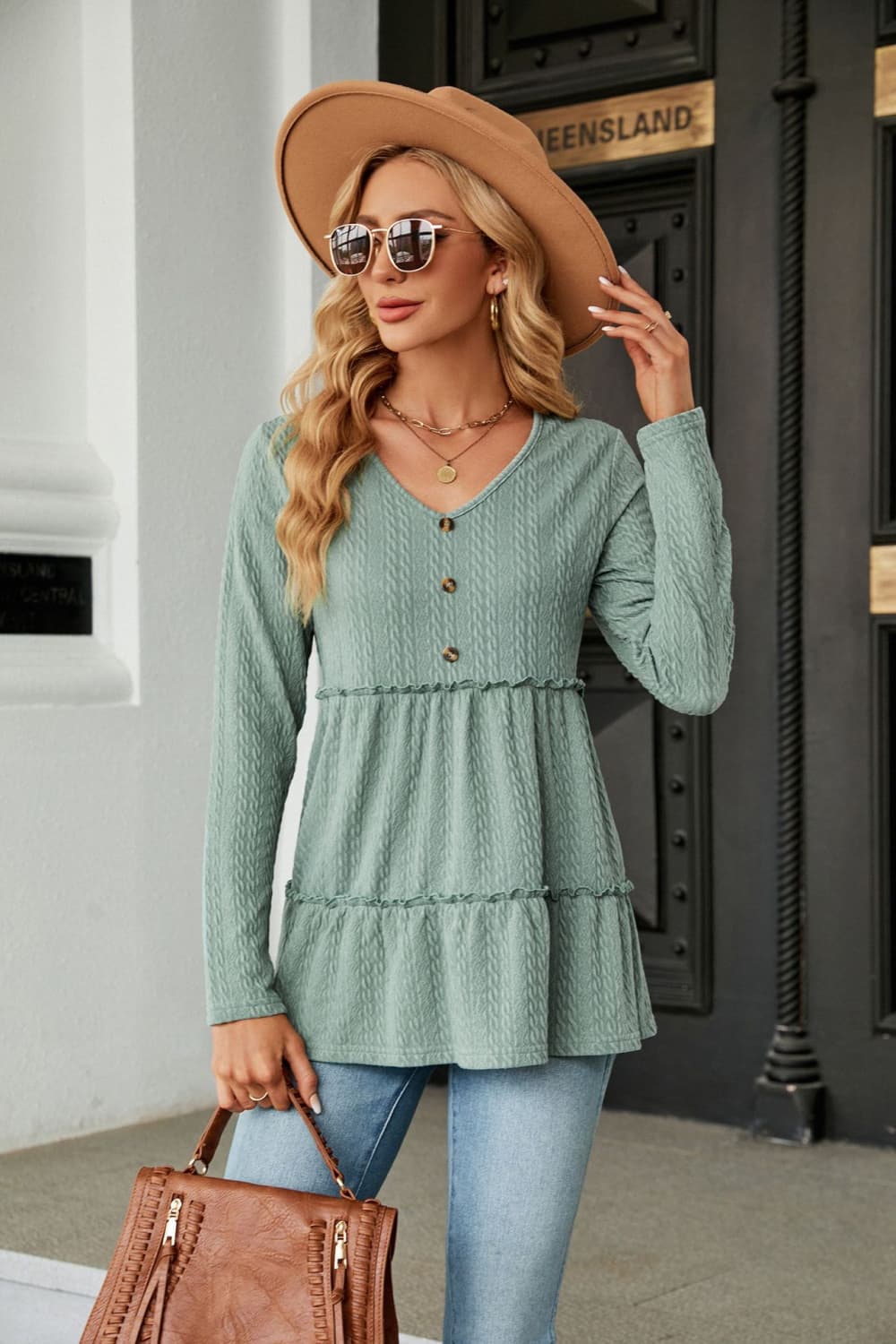 Full Size Long Sleeve V-Neck Cable-Knit Blouse