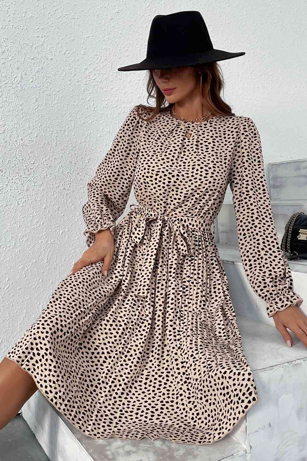 Beige Printed Round Neck Belted Pleated Dress