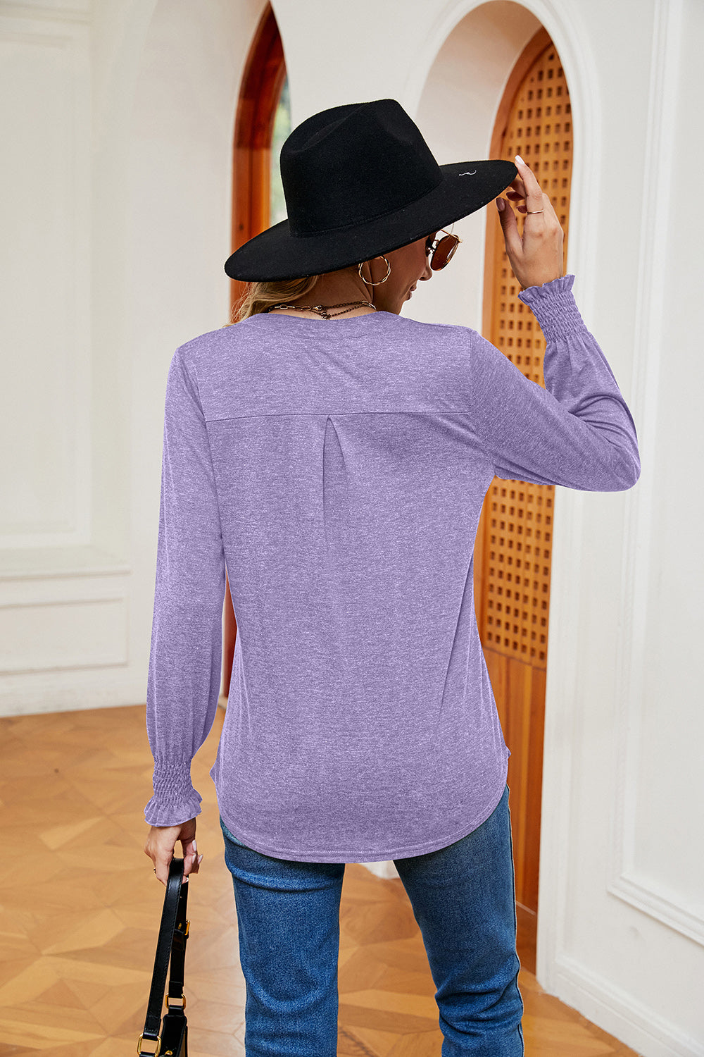 Full Size Notched Neck Long Sleeve Blouse