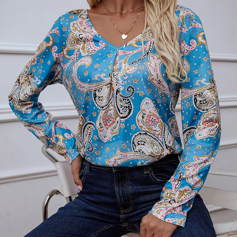 Full Size Printed V-Neck Long Sleeve Blouse